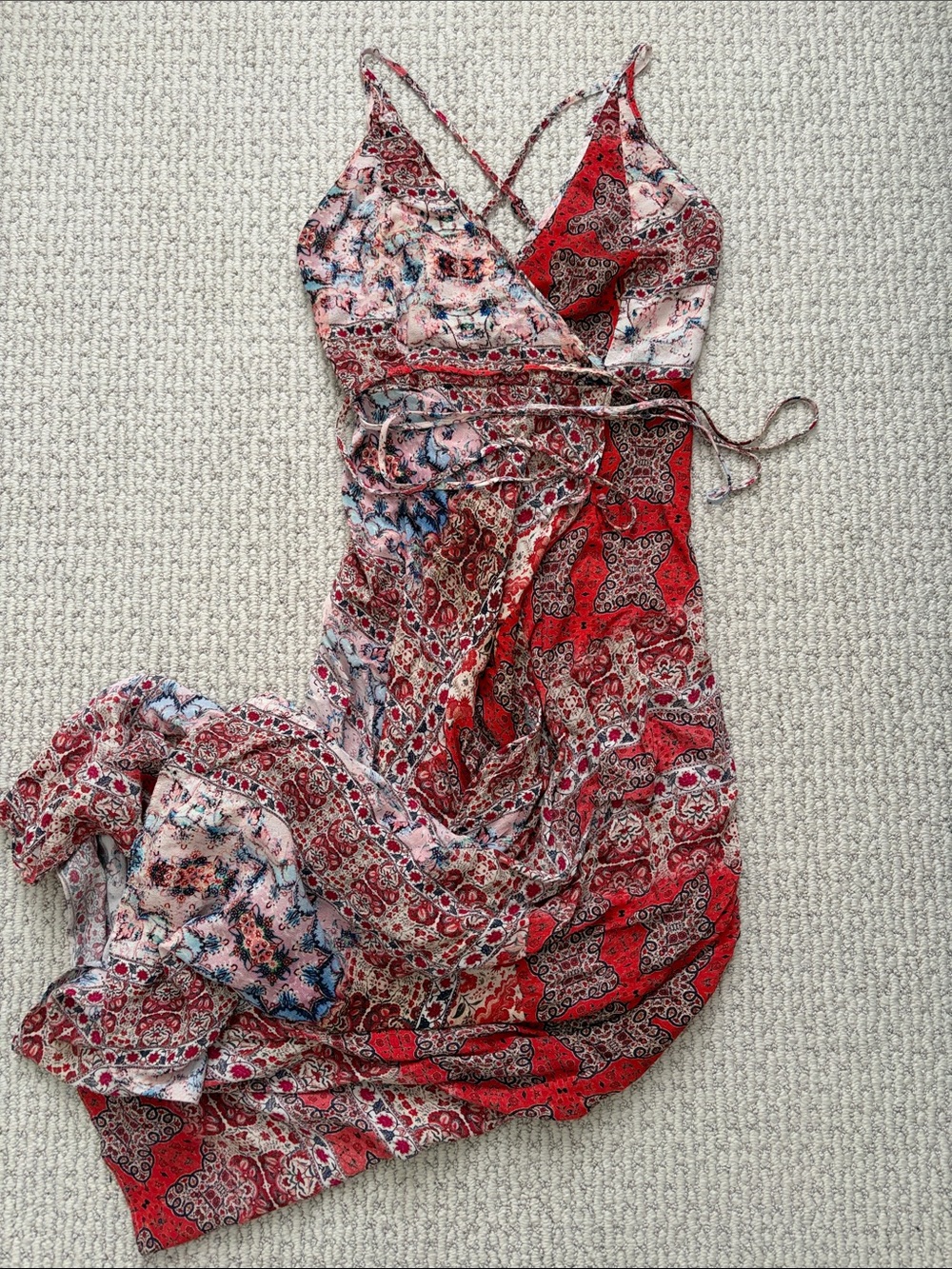 Red Paisley Wrap Maxi Dress with Adjustable Tie